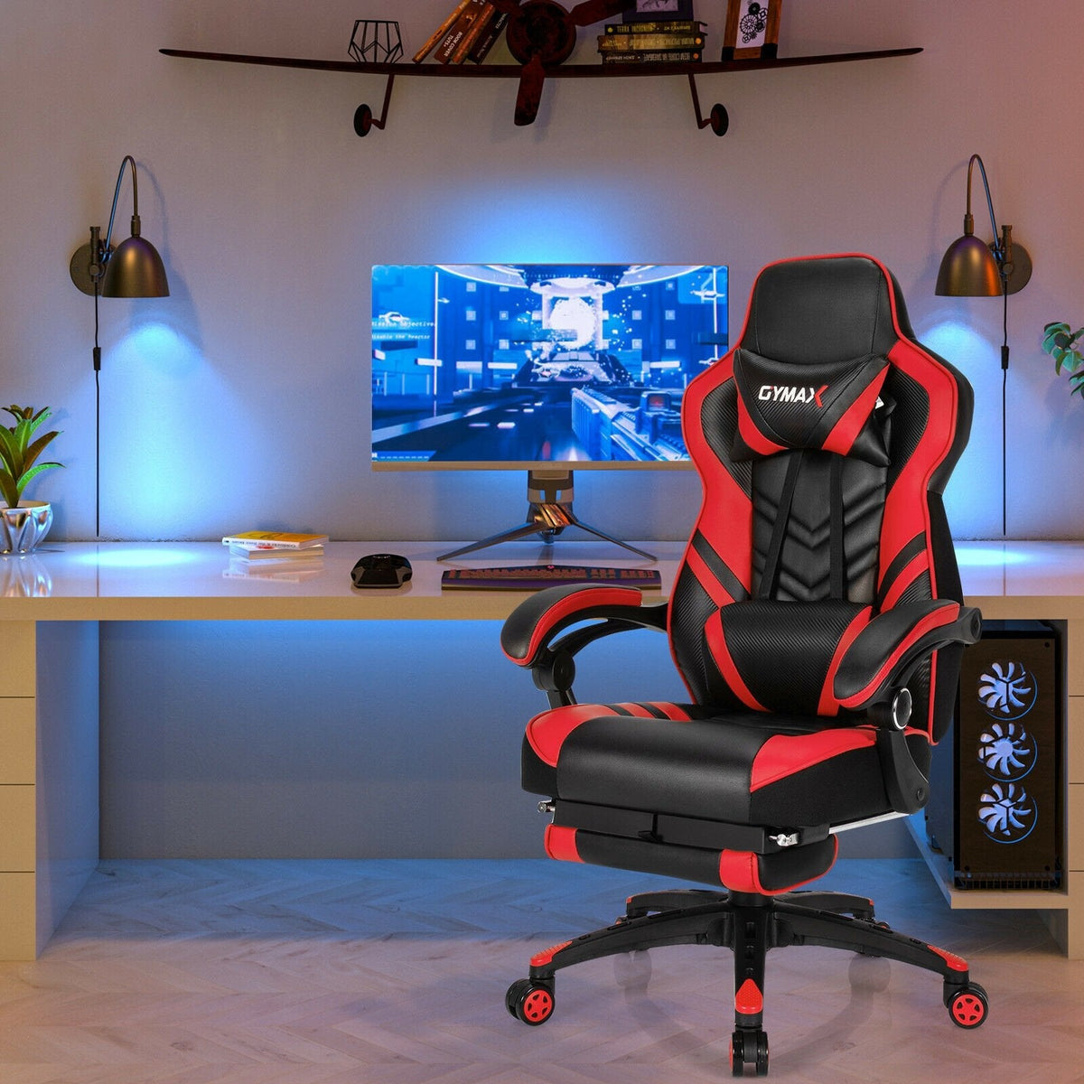 Silla de juego ajustable con reposapiés para oficina en casa - Rojo