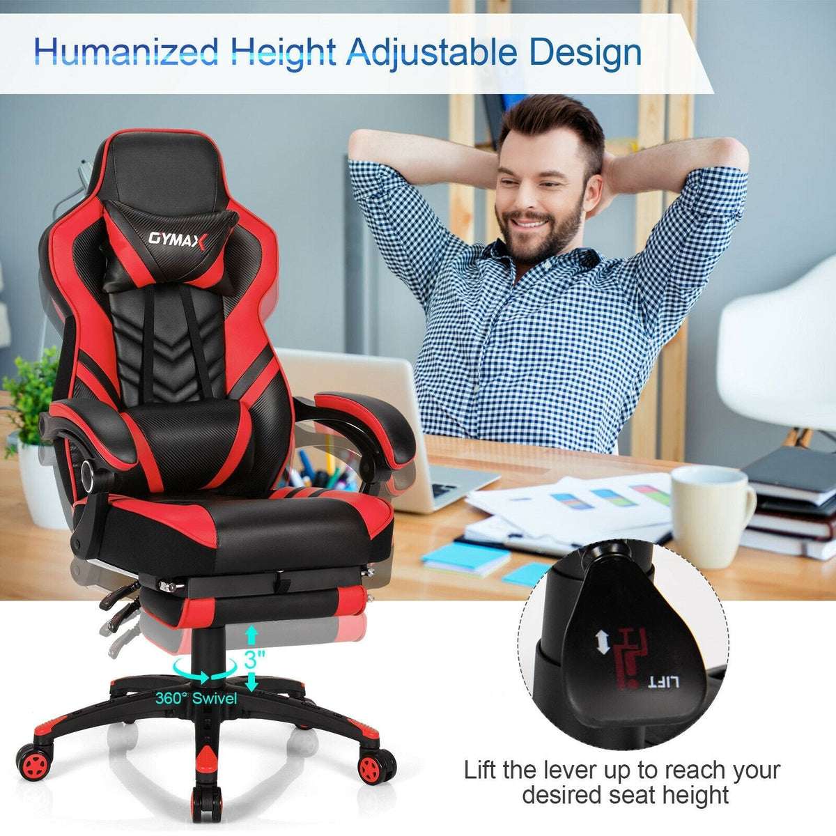 Silla de juego ajustable con reposapiés para oficina en casa - Rojo