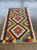 Kilim afghan de Maimana — Losanges bleu ciel et safran | 2'1" × 3'3"