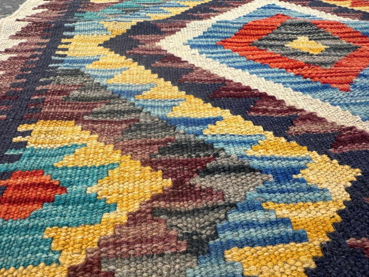 Kilim afghan de Maimana — Losanges bleu ciel et safran | 2'1" × 3'3"