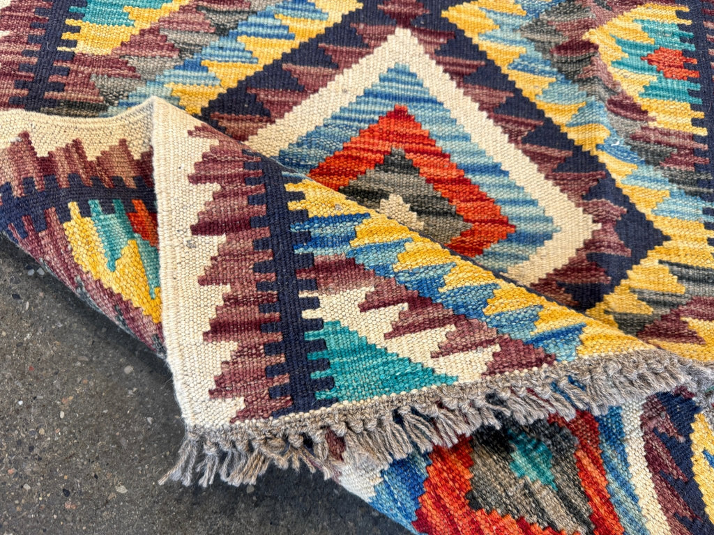 Kilim afghan de Maimana — Losanges bleu ciel et safran | 2'1" × 3'3"
