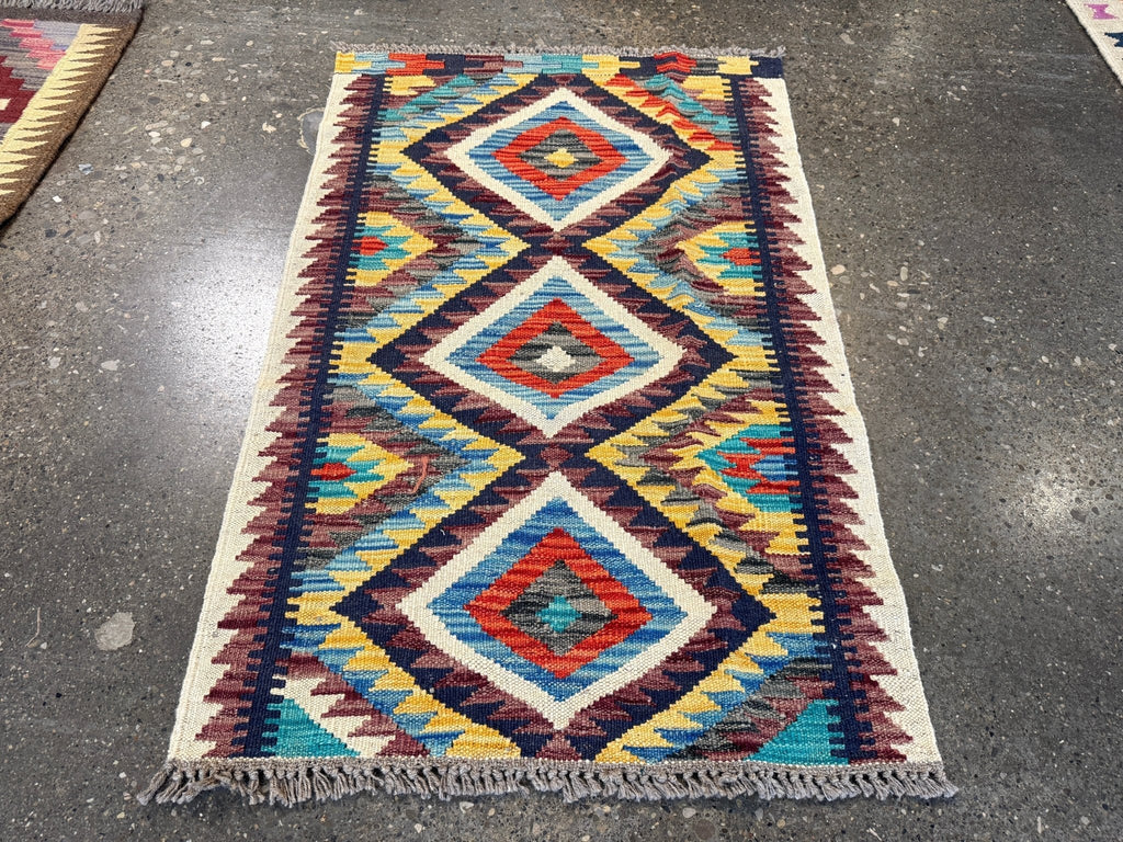 Kilim afghan de Maimana — Losanges bleu ciel et safran | 2'1" × 3'3"