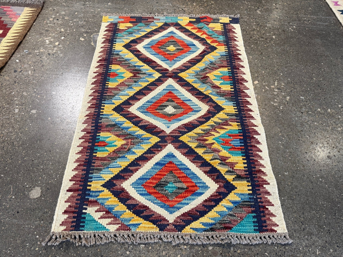 Kilim afghan de Maimana — Losanges bleu ciel et safran | 2'1" × 3'3"