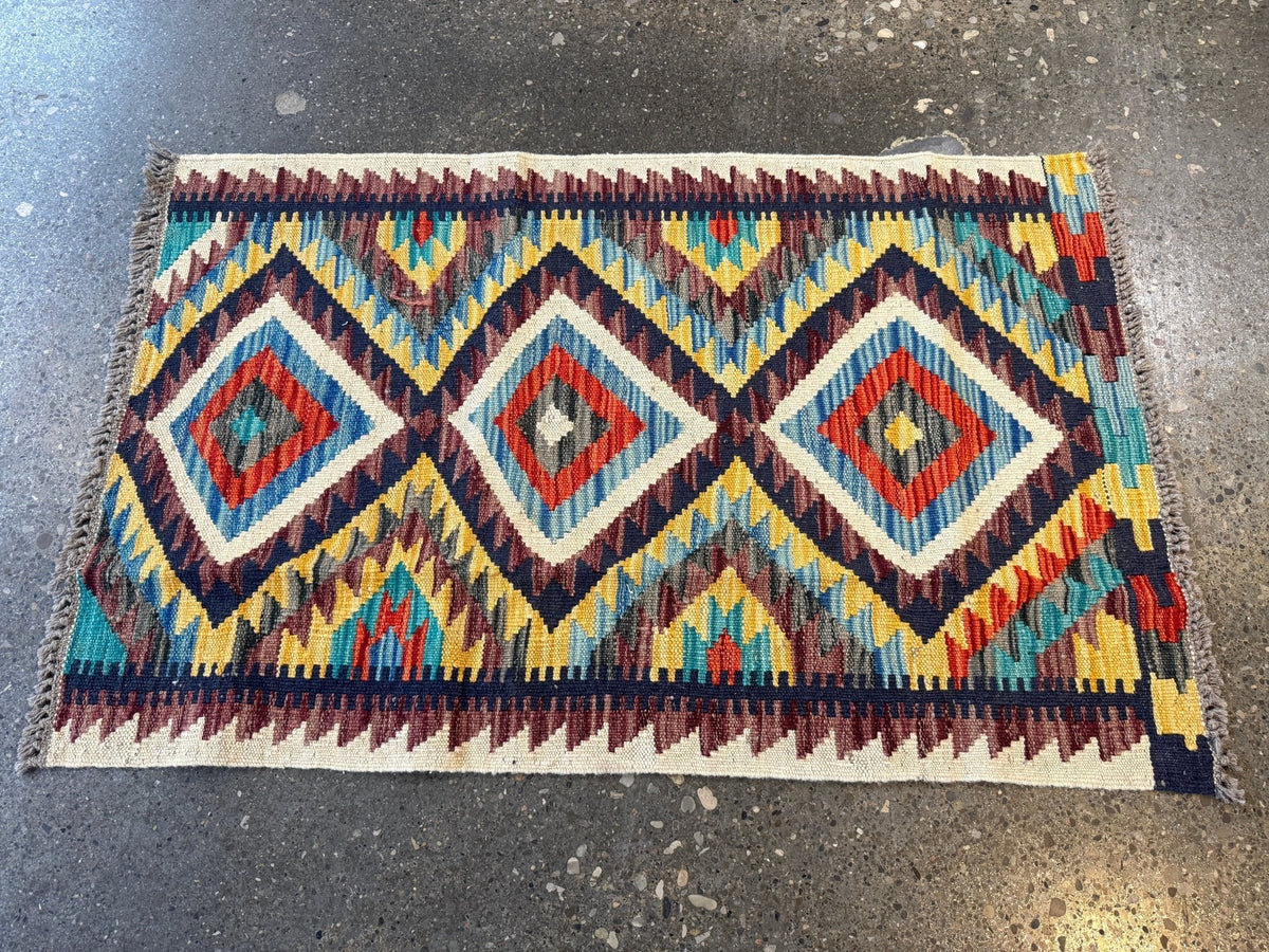 Kilim afghan de Maimana — Losanges bleu ciel et safran | 2'1" × 3'3"