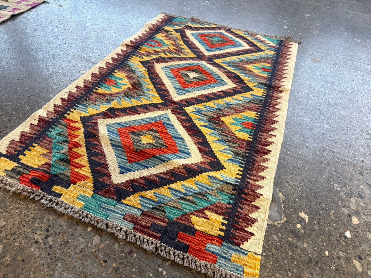 Kilim afghan de Maimana — Losanges bleu ciel et safran | 2'1" × 3'3"