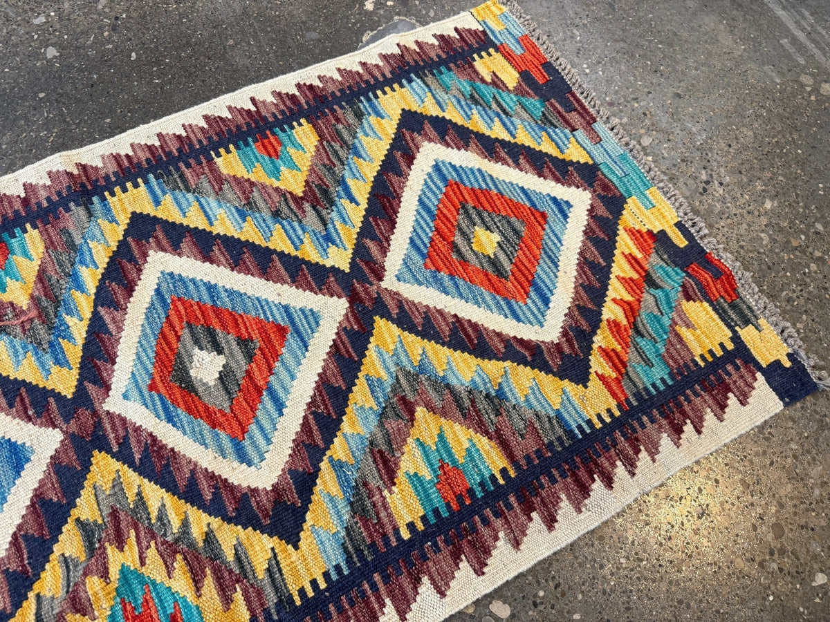 Kilim afghan de Maimana — Losanges bleu ciel et safran | 2'1" × 3'3"