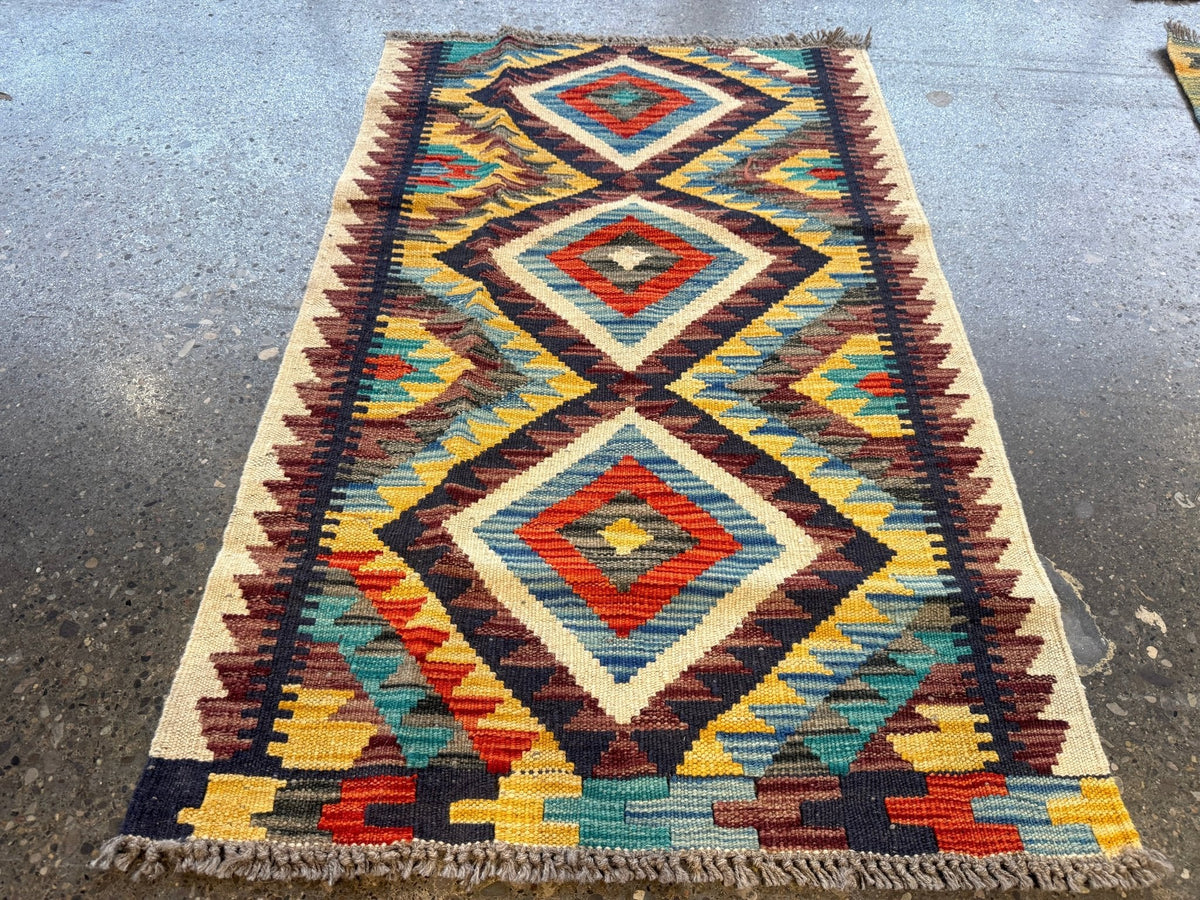 Kilim afghan de Maimana — Losanges bleu ciel et safran | 2'1" × 3'3"
