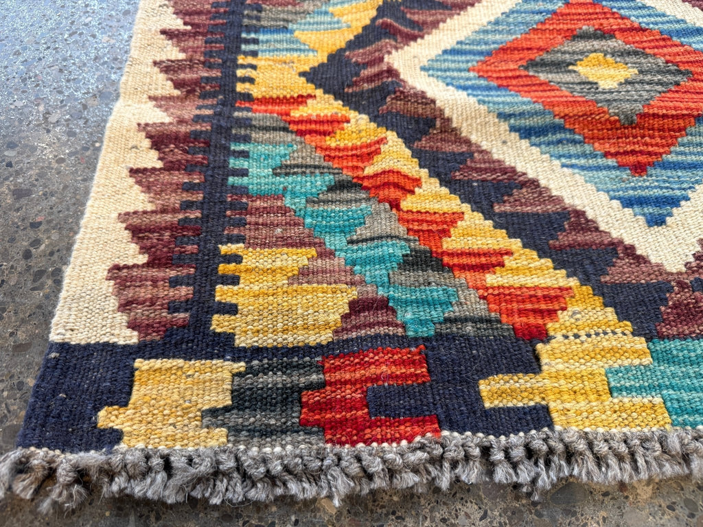 Kilim afghan de Maimana — Losanges bleu ciel et safran | 2'1" × 3'3"