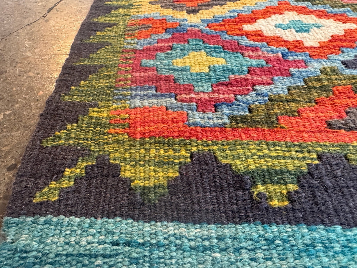 Afghan Maimana Kilim — Teal & Saffron Diamond Lattice | 2'10" × 4'5"
