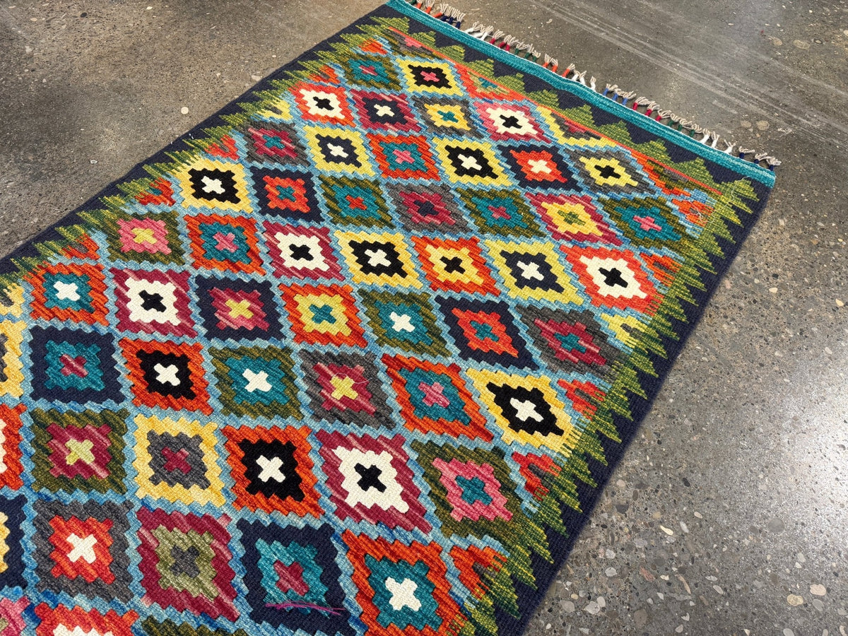 Afghan Maimana Kilim — Teal & Saffron Diamond Lattice | 2'10" × 4'5"