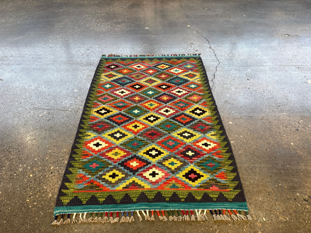 Afghan Maimana Kilim — Teal & Saffron Diamond Lattice | 2'10" × 4'5"