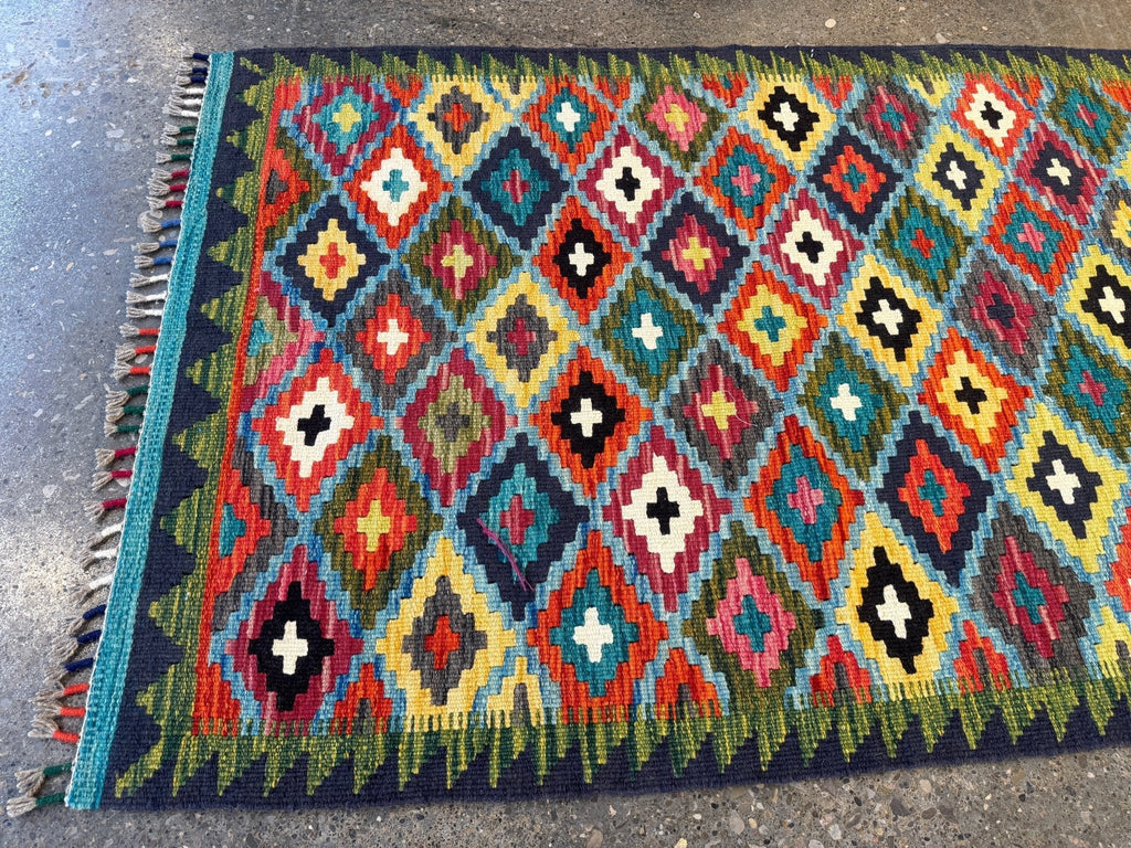 Afghan Maimana Kilim — Teal & Saffron Diamond Lattice | 2'10" × 4'5"
