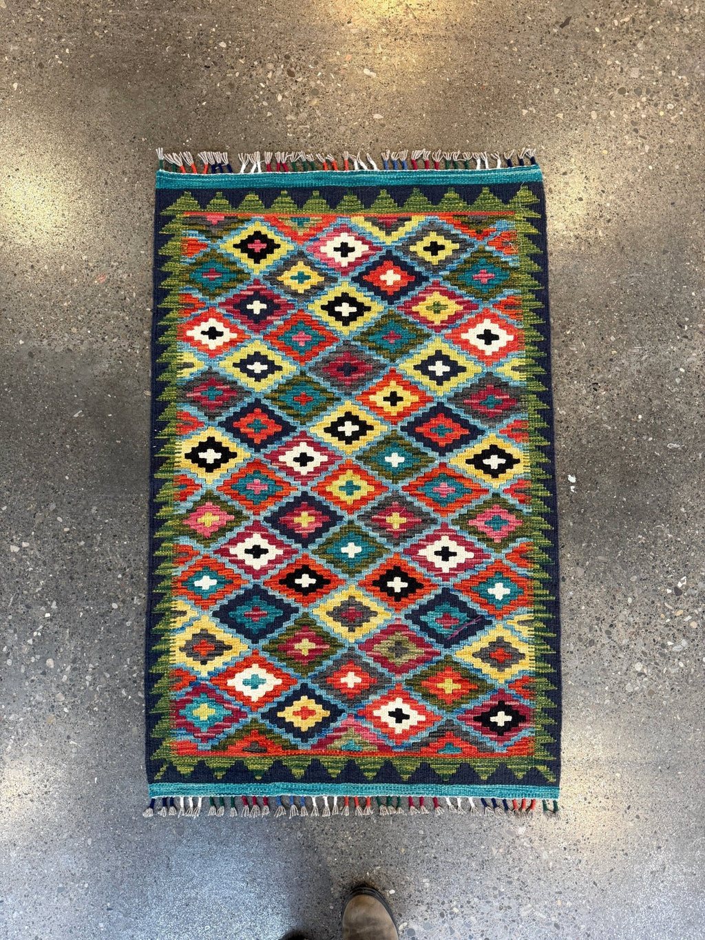 Afghan Maimana Kilim — Teal & Saffron Diamond Lattice | 2'10" × 4'5"