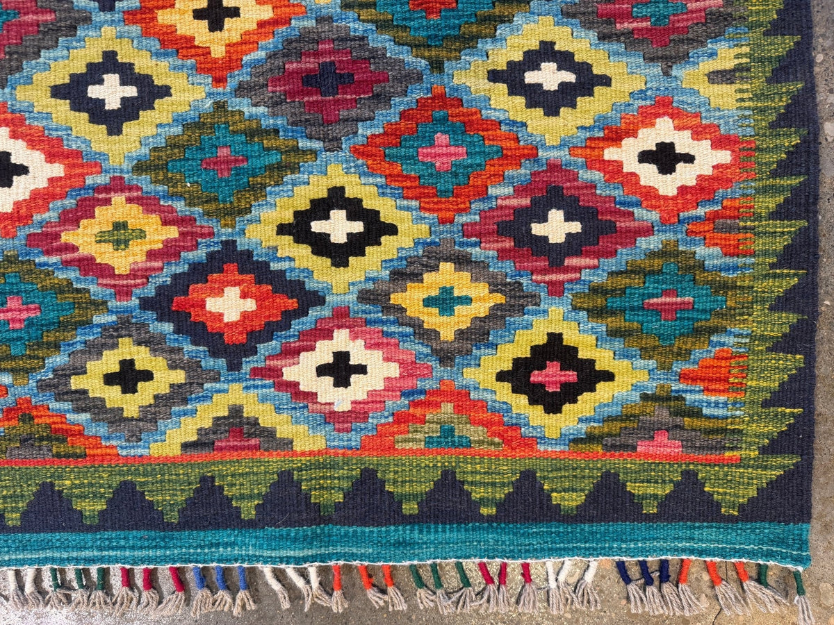 Afghan Maimana Kilim — Teal & Saffron Diamond Lattice | 2'10" × 4'5"