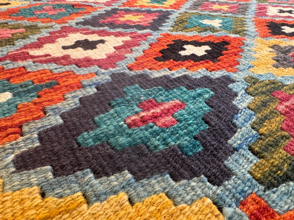 Afghan Maimana Kilim — Teal & Saffron Diamond Lattice | 2'10" × 4'5"