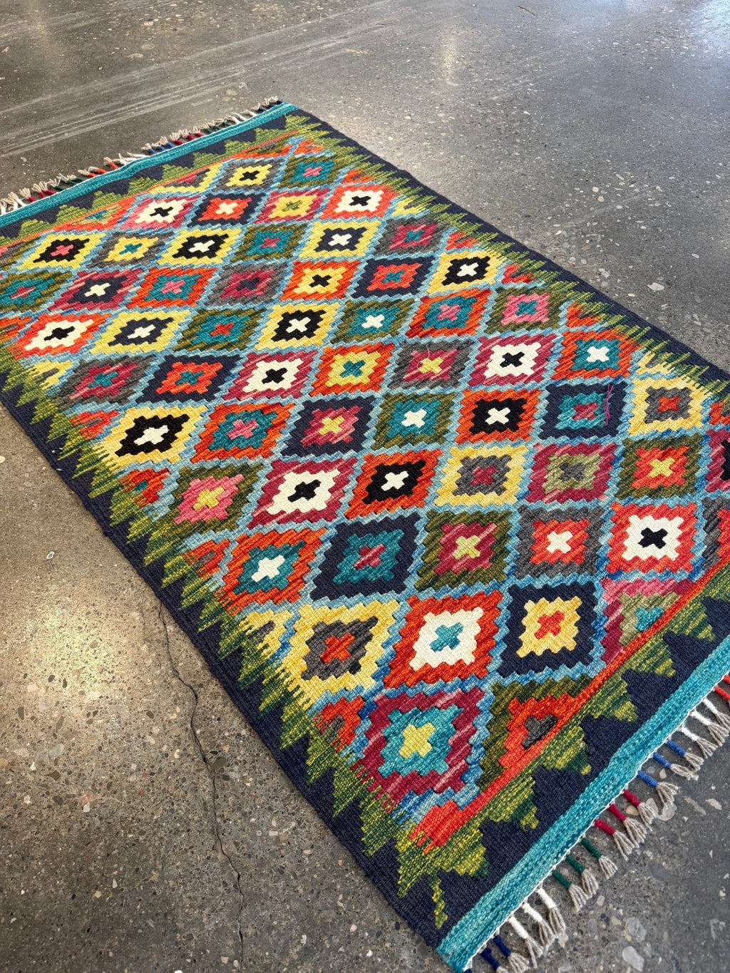 Afghan Maimana Kilim — Teal & Saffron Diamond Lattice | 2'10" × 4'5"
