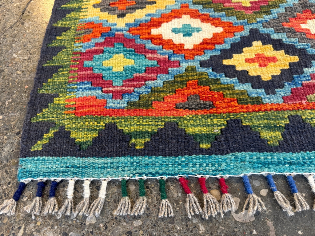 Afghan Maimana Kilim — Teal & Saffron Diamond Lattice | 2'10" × 4'5"