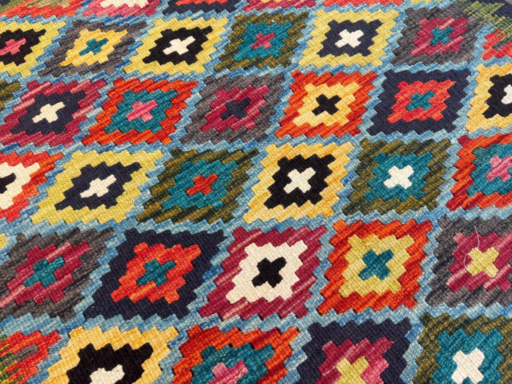Afghan Maimana Kilim — Teal & Saffron Diamond Lattice | 2'10" × 4'5"