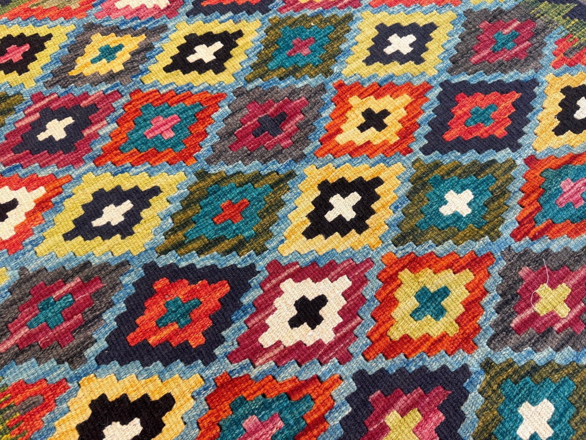 Afghan Maimana Kilim — Teal & Saffron Diamond Lattice | 2'10" × 4'5"