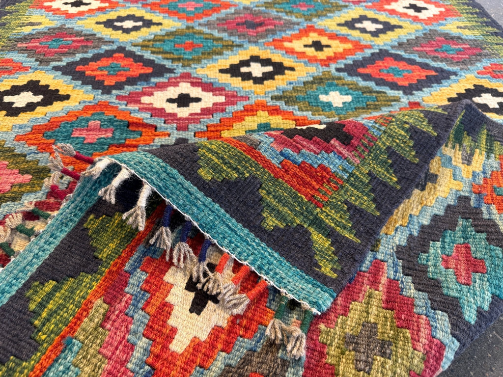 Afghan Maimana Kilim — Teal & Saffron Diamond Lattice | 2'10" × 4'5"