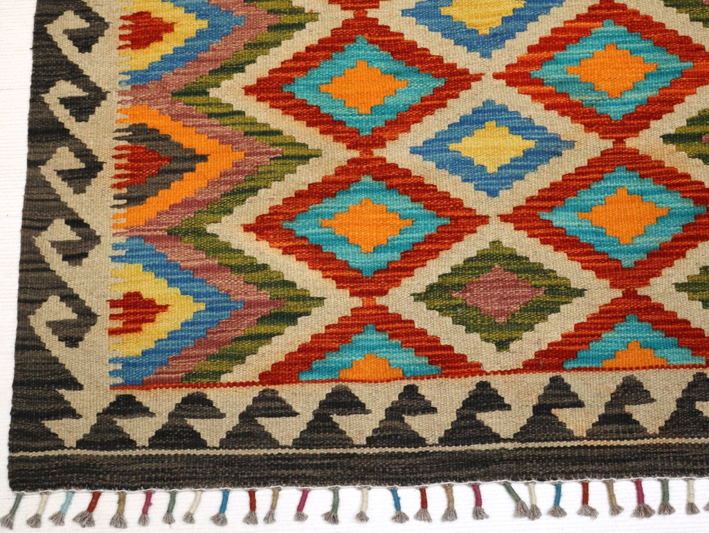 Afghan Maimana Kilim — Turquoise & Amber Diamonds | 3'4" × 5'