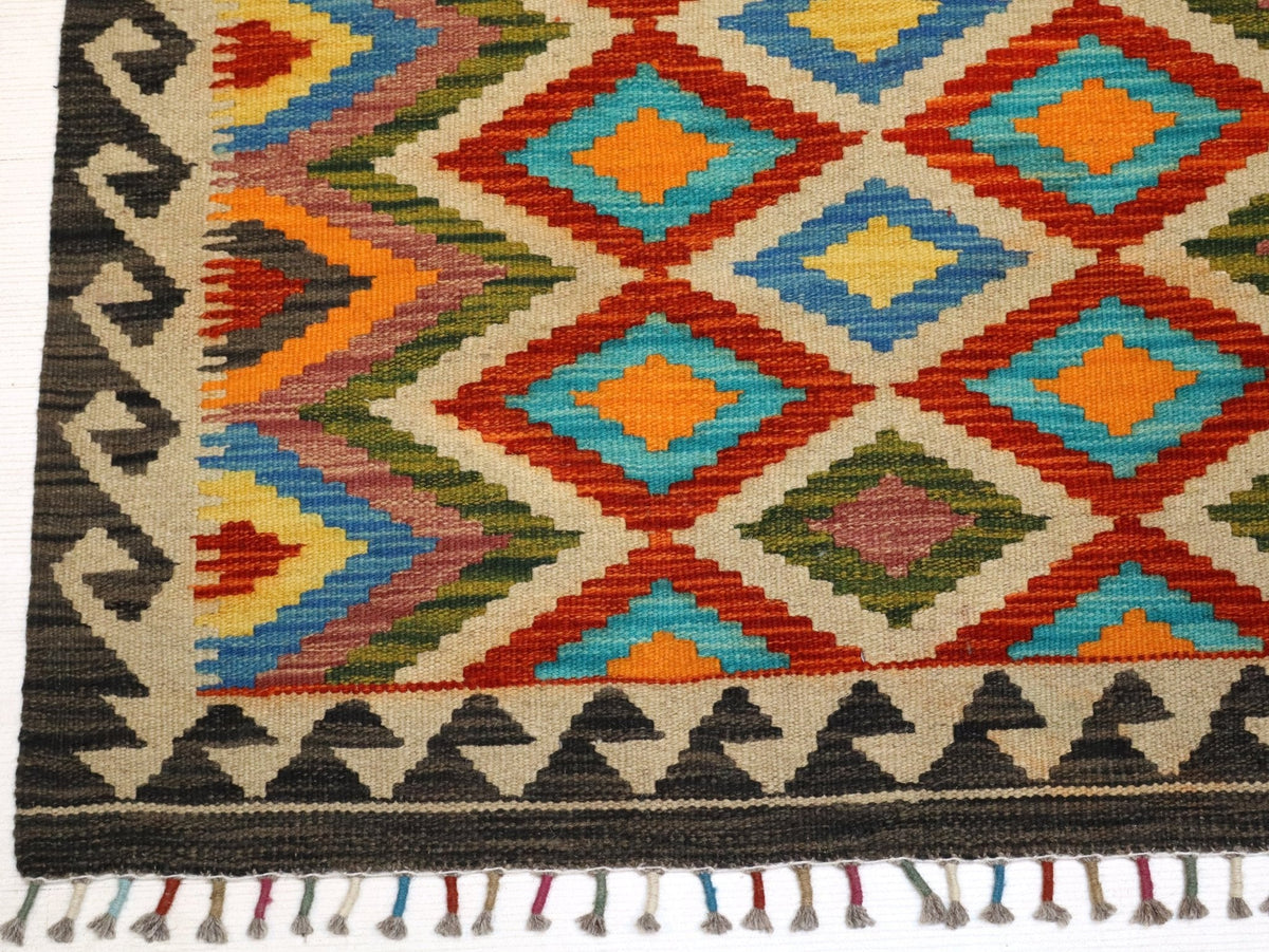 Afghan Maimana Kilim — Turquoise & Amber Diamonds | 3'4" × 5'