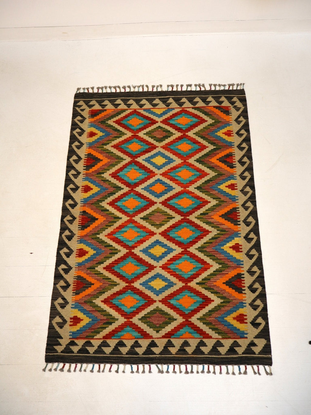 Afghan Maimana Kilim — Turquoise & Amber Diamonds | 3'4" × 5'