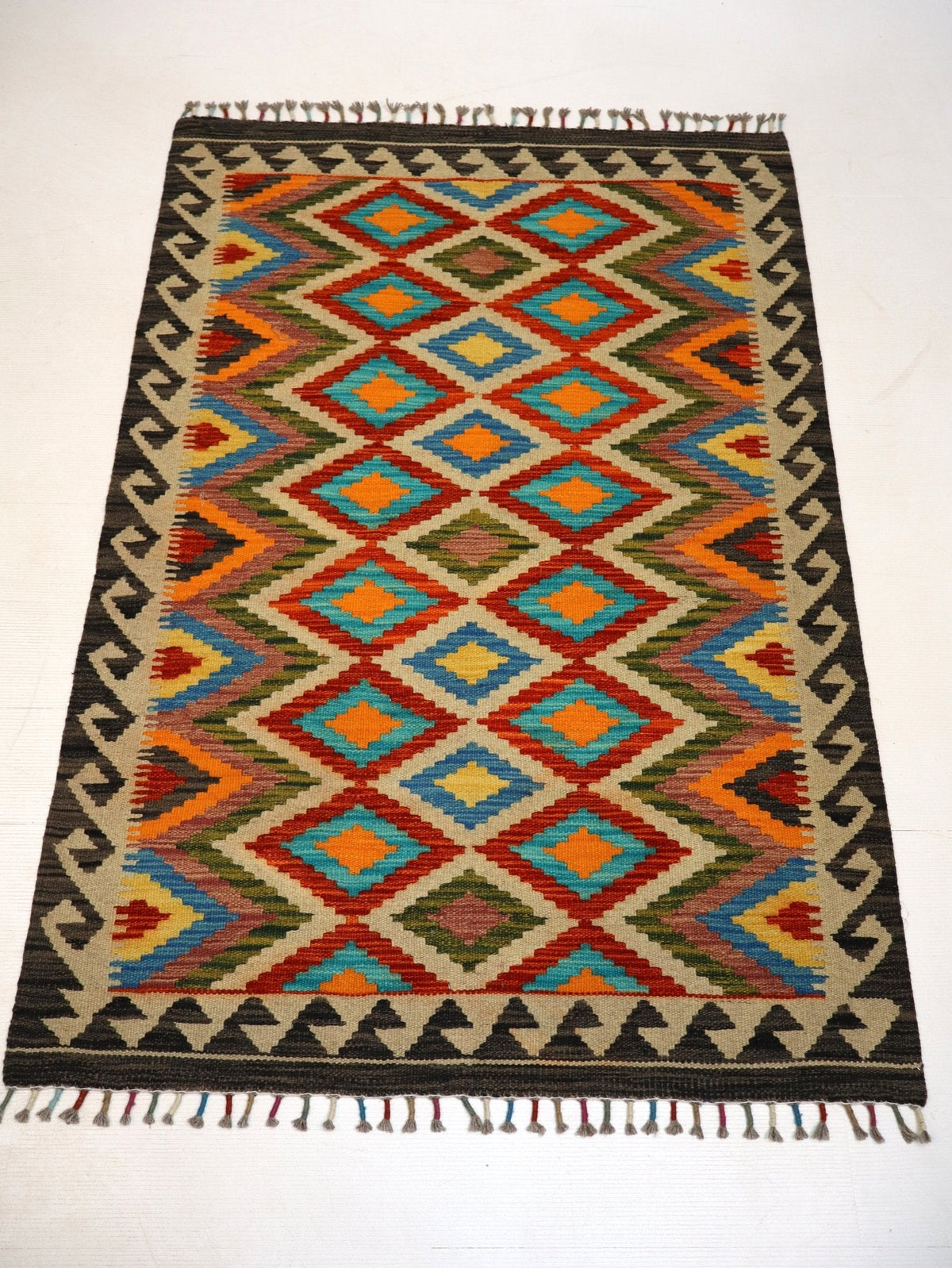 Afghan Maimana Kilim — Turquoise & Amber Diamonds | 3'4" × 5'