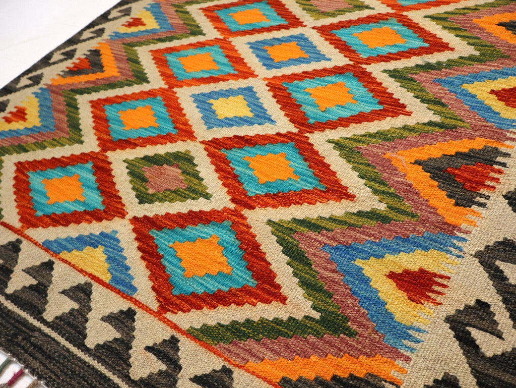 Afghan Maimana Kilim — Turquoise & Amber Diamonds | 3'4" × 5'
