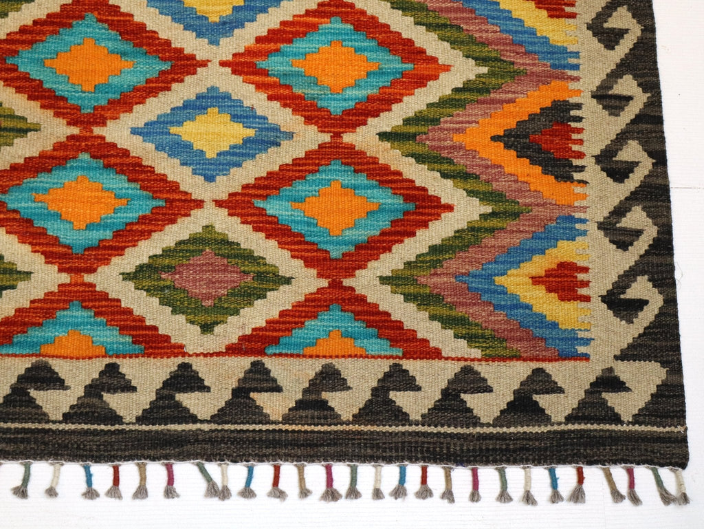 Afghan Maimana Kilim — Turquoise & Amber Diamonds | 3'4" × 5'