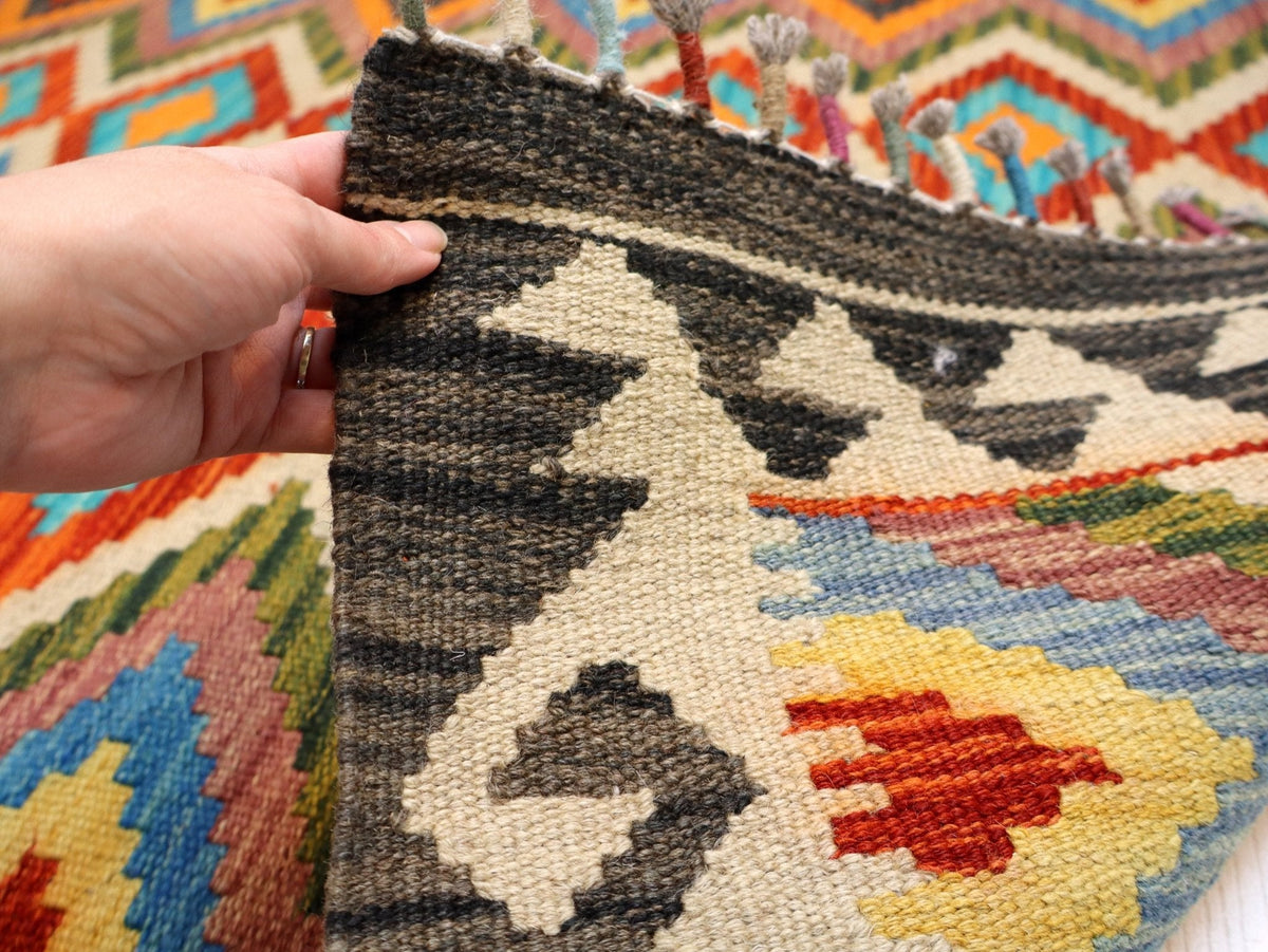 Afghan Maimana Kilim — Turquoise & Amber Diamonds | 3'4" × 5'