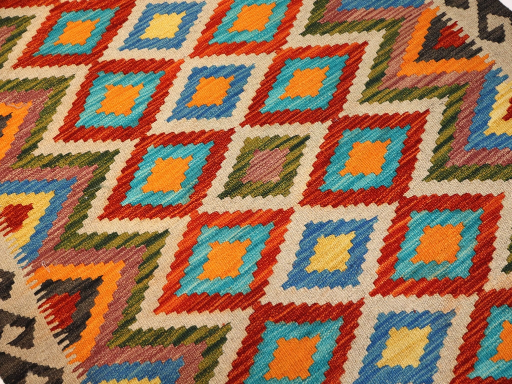 Afghan Maimana Kilim — Turquoise & Amber Diamonds | 3'4" × 5'