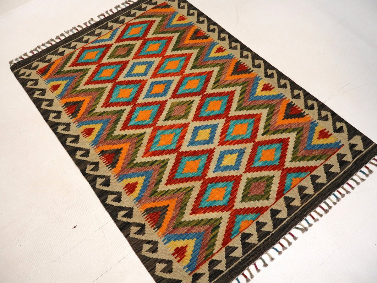 Afghan Maimana Kilim — Turquoise & Amber Diamonds | 3'4" × 5'