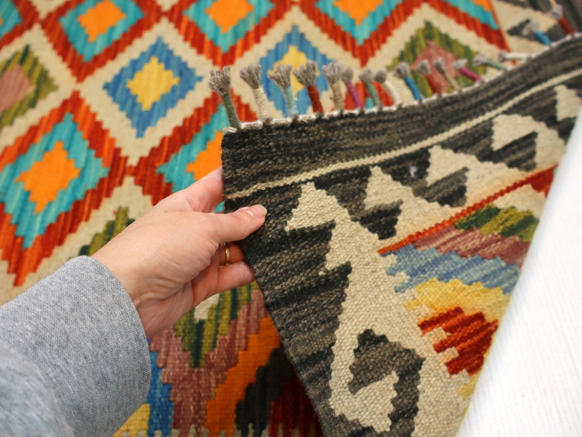 Afghan Maimana Kilim — Turquoise & Amber Diamonds | 3'4" × 5'