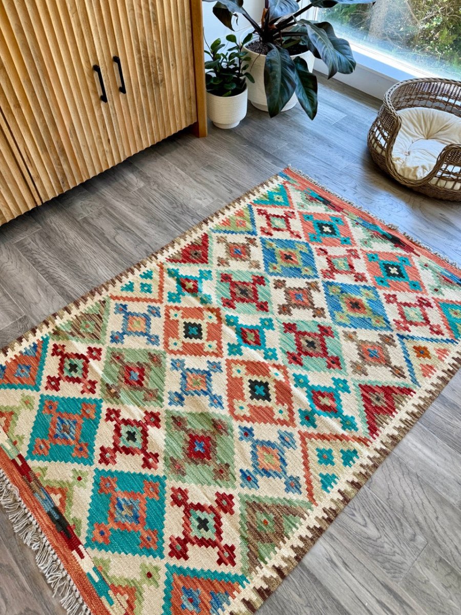 Afghan Maimana Chobi Flatweave — Turquoise & Coral Diamonds | 3'5" × 5'1"