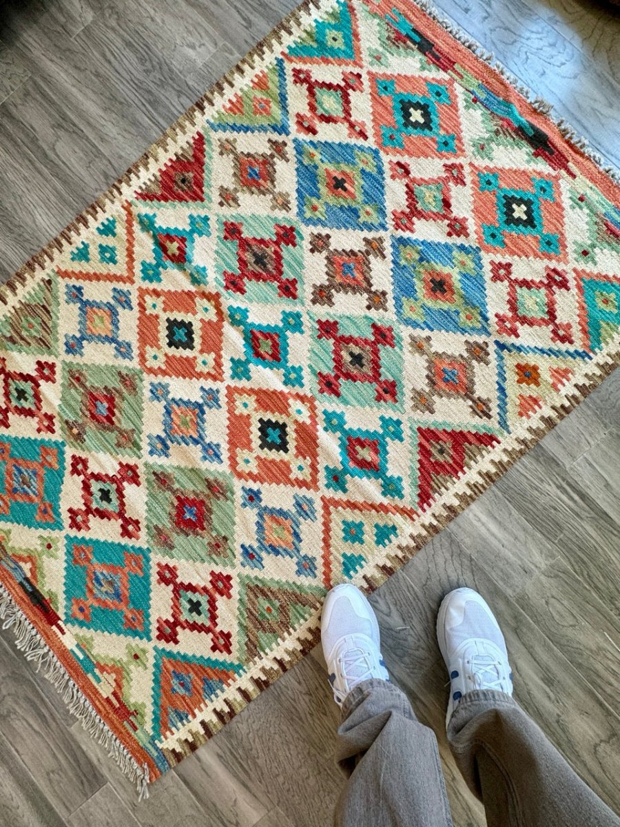 Afghan Maimana Chobi Flatweave — Turquoise & Coral Diamonds | 3'5" × 5'1"