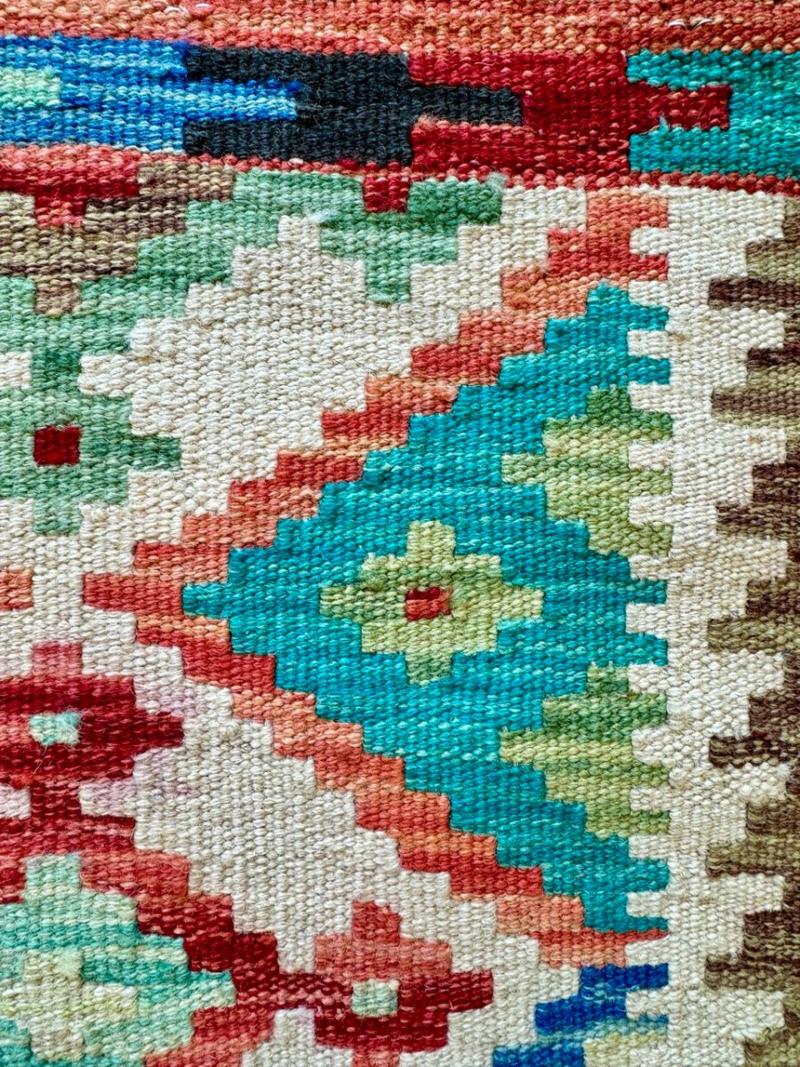 Afghan Maimana Chobi Flatweave — Turquoise & Coral Diamonds | 3'5" × 5'1"