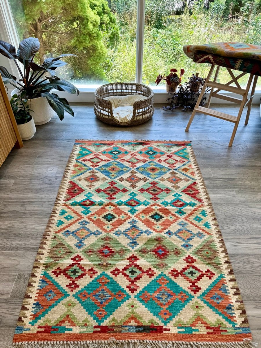 Afghan Maimana Chobi Flatweave — Turquoise & Coral Diamonds | 3'5" × 5'1"