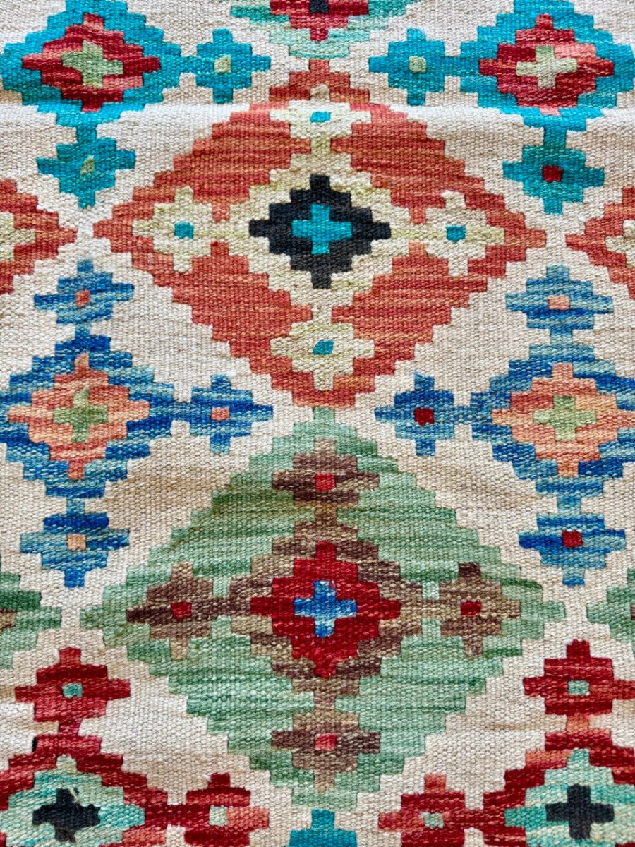 Afghan Maimana Chobi Flatweave — Turquoise & Coral Diamonds | 3'5" × 5'1"