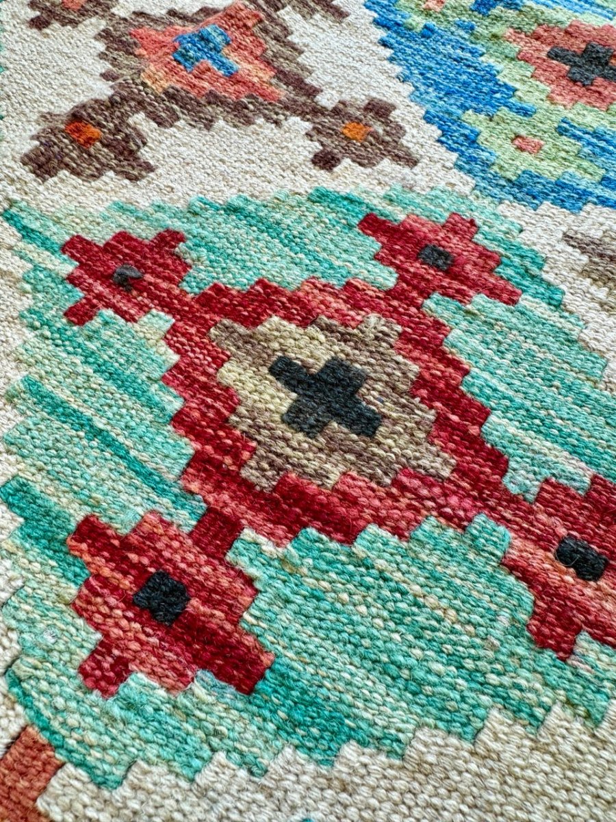 Afghan Maimana Chobi Flatweave — Turquoise & Coral Diamonds | 3'5" × 5'1"