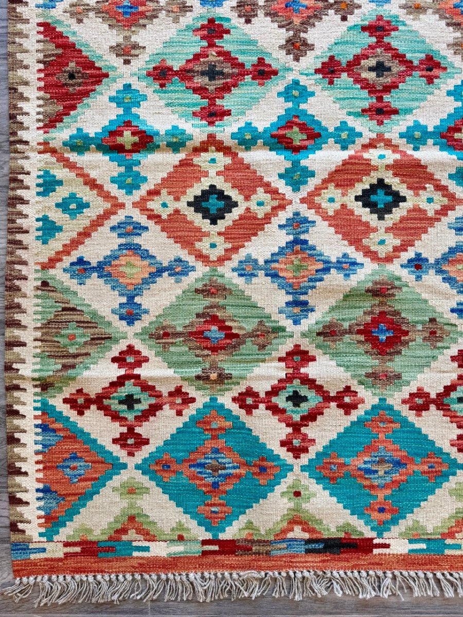 Afghan Maimana Chobi Flatweave — Turquoise & Coral Diamonds | 3'5" × 5'1"