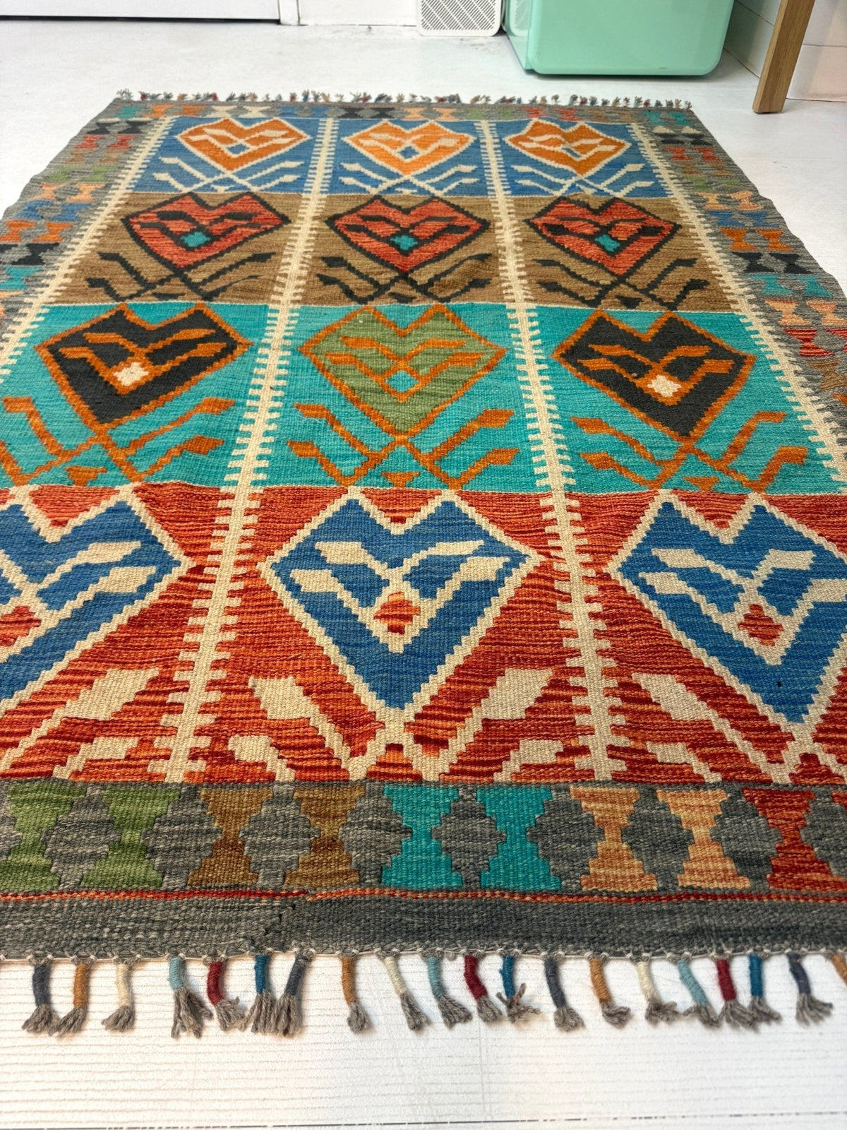Afghanischer Maimana-Kelim — Türkis & Terrakotta-Geometrie | 4'1" × 5'9"