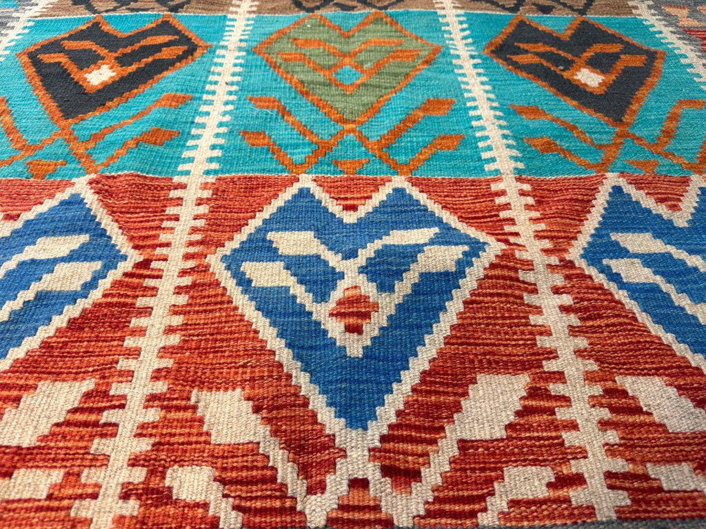 Afghanischer Maimana-Kelim — Türkis & Terrakotta-Geometrie | 4'1" × 5'9"