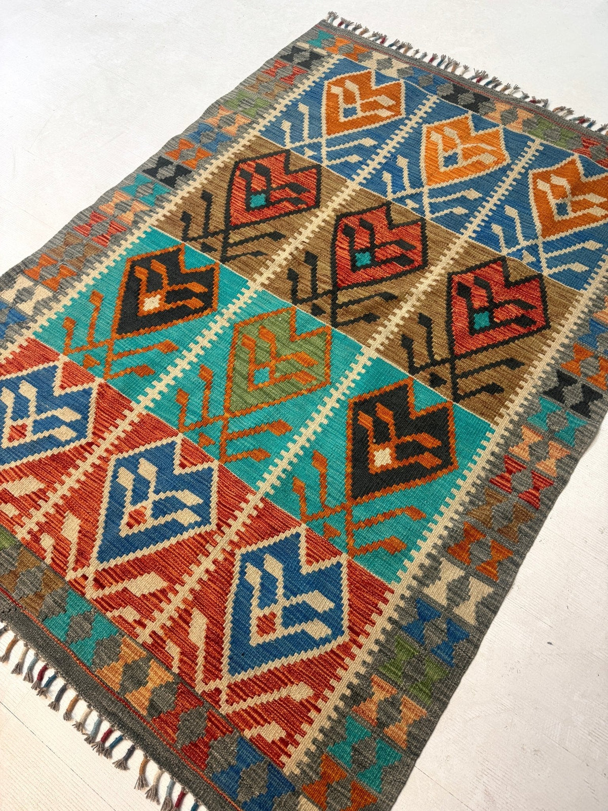 Afghanischer Maimana-Kelim — Türkis & Terrakotta-Geometrie | 4'1" × 5'9"