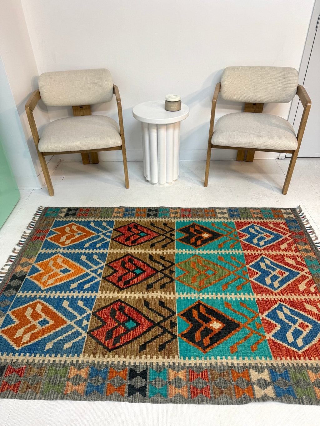 Afghanischer Maimana-Kelim — Türkis & Terrakotta-Geometrie | 4'1" × 5'9"