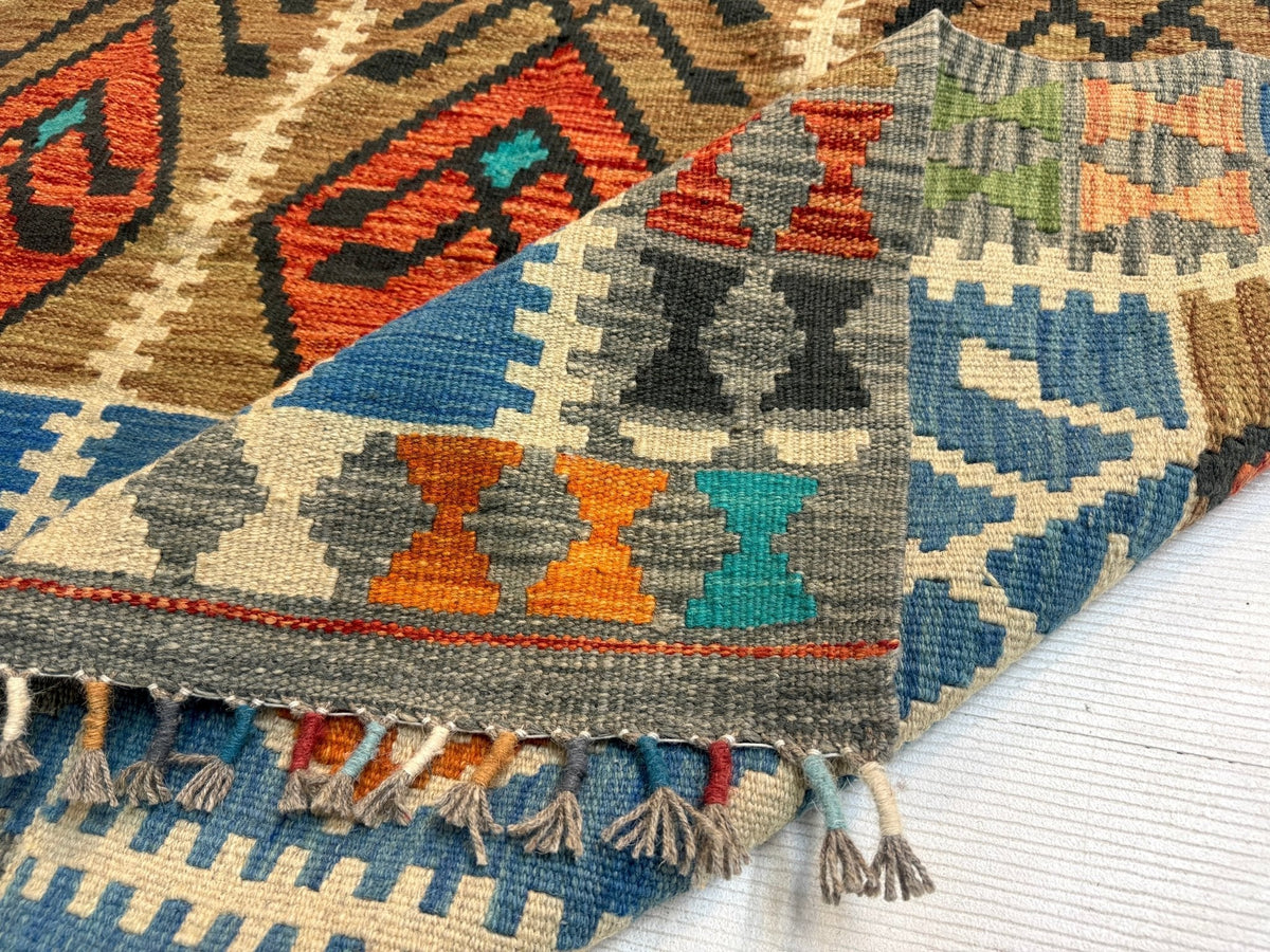 Afghanischer Maimana-Kelim — Türkis & Terrakotta-Geometrie | 4'1" × 5'9"