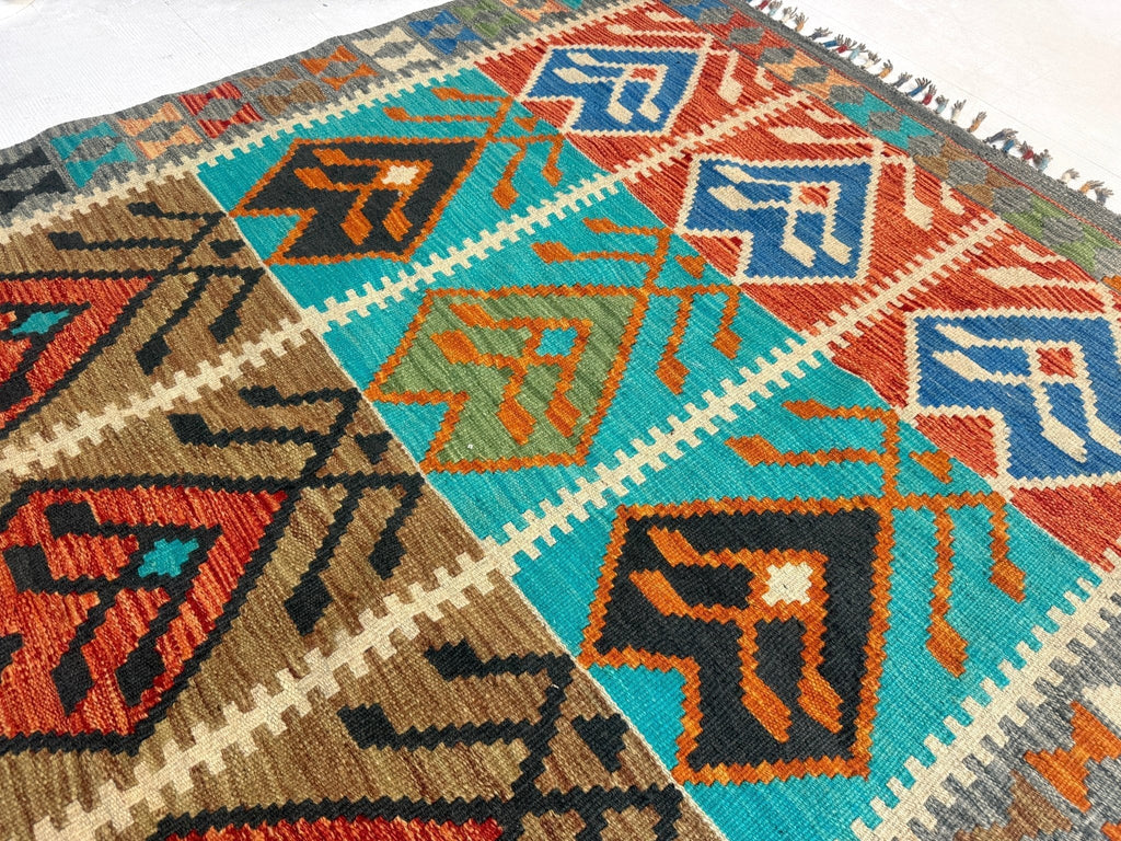 Afghanischer Maimana-Kelim — Türkis & Terrakotta-Geometrie | 4'1" × 5'9"