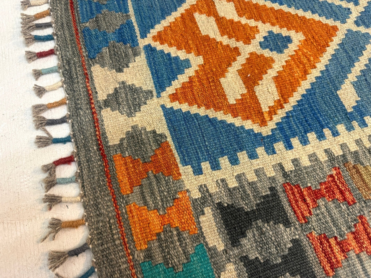 Afghanischer Maimana-Kelim — Türkis & Terrakotta-Geometrie | 4'1" × 5'9"