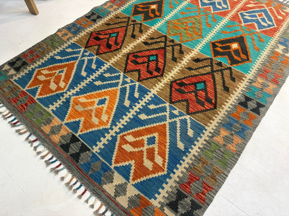 Afghanischer Maimana-Kelim — Türkis & Terrakotta-Geometrie | 4'1" × 5'9"
