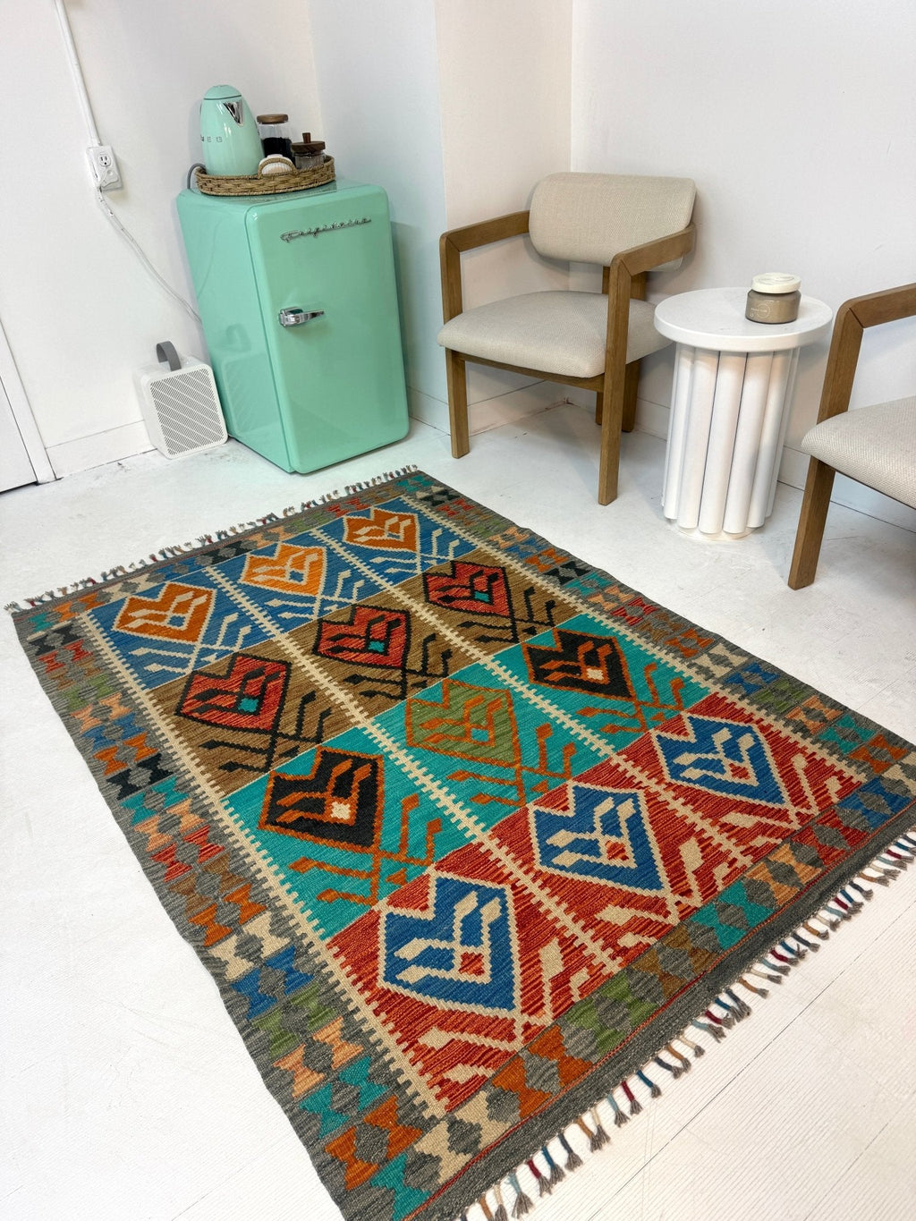 Afghanischer Maimana-Kelim — Türkis & Terrakotta-Geometrie | 4'1" × 5'9"